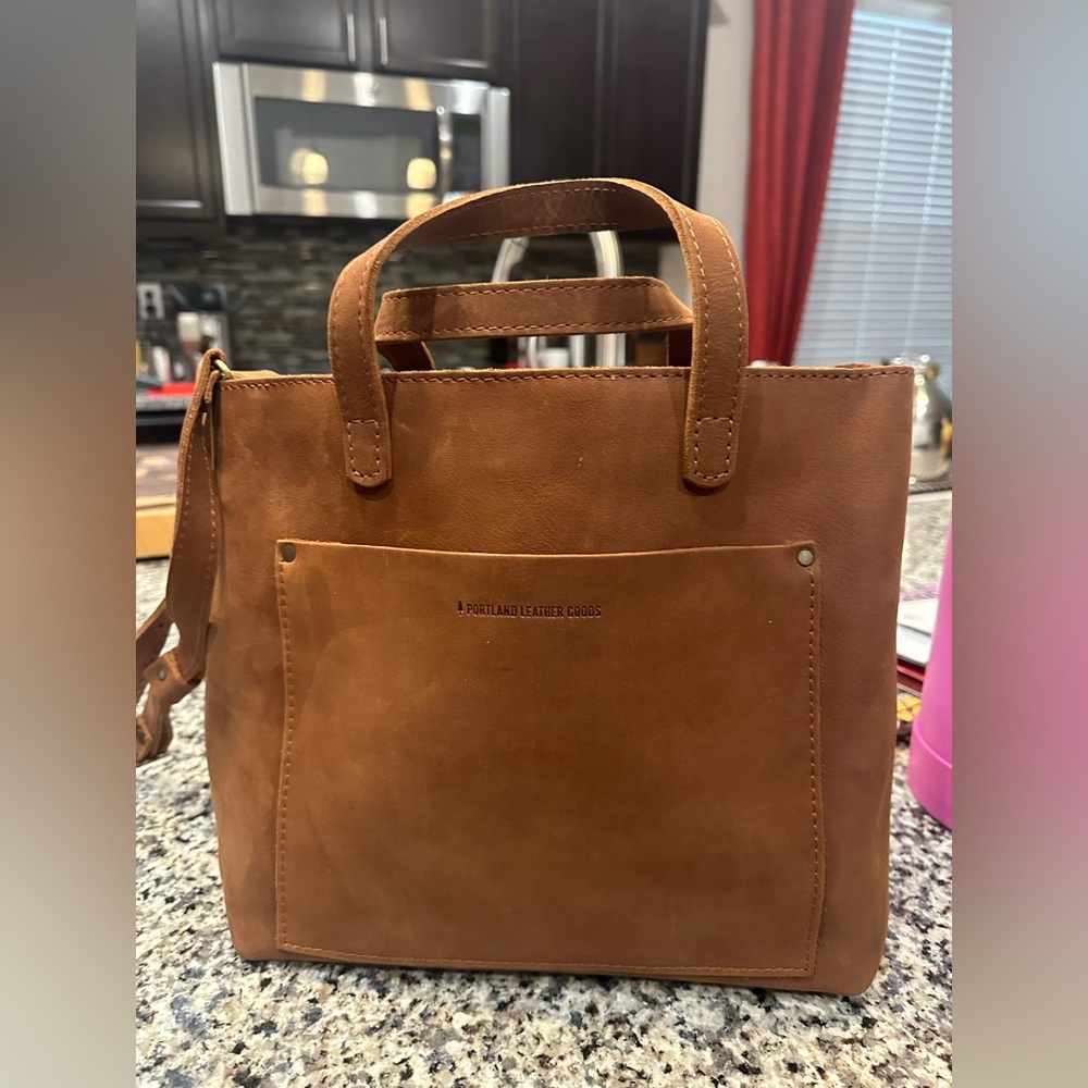 New! Portland Leather AP Medium Crossbody Tote with Zipper in Brown.